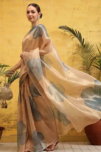Beige printed tissue traditional saree with blouse piece