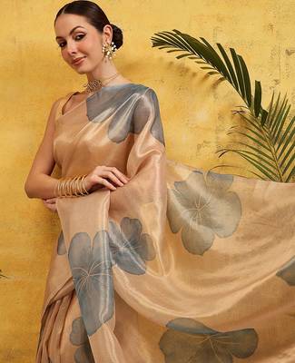 Beige printed tissue traditional saree with blouse piece 4