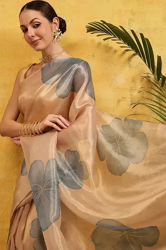Beige printed tissue traditional saree with blouse piece
