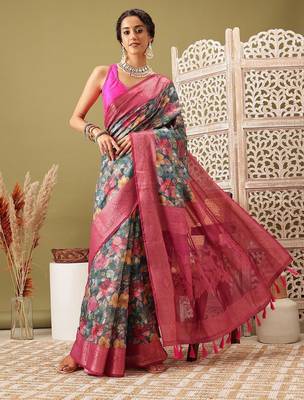 Teal printed cotton blend ethnic saree with blouse piece 2