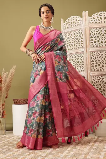 Teal printed cotton blend ethnic saree with blouse piece