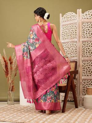 Teal printed cotton blend ethnic saree with blouse piece 3