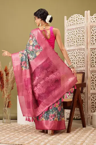 Teal printed cotton blend ethnic saree with blouse piece