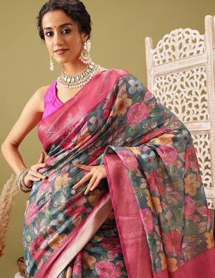 Teal printed cotton blend ethnic saree with blouse piece 4