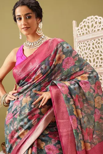 Teal printed cotton blend ethnic saree with blouse piece