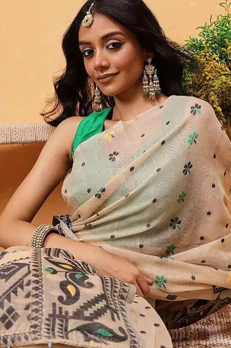 Black woven pure cotton ethnic saree with blouse piece