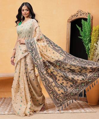 Black woven pure cotton ethnic saree with blouse piece 2