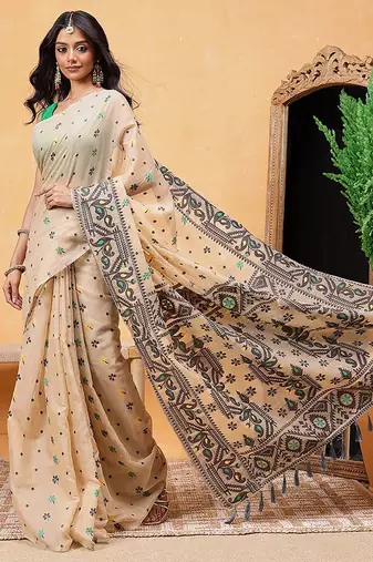 Black woven pure cotton ethnic saree with blouse piece