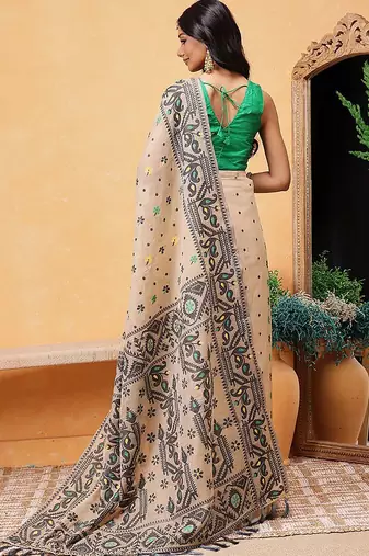 Black woven pure cotton ethnic saree with blouse piece