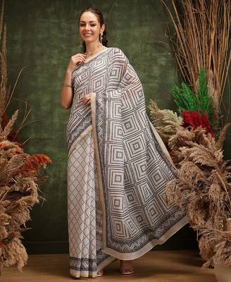 White printed cotton blend ethnic saree with blouse piece 2