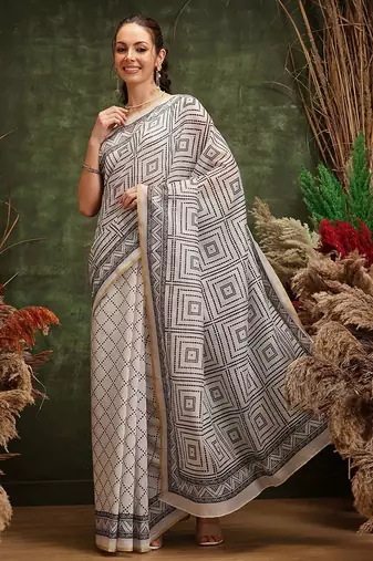 White printed cotton blend ethnic saree with blouse piece