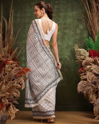White printed cotton blend ethnic saree with blouse piece 3