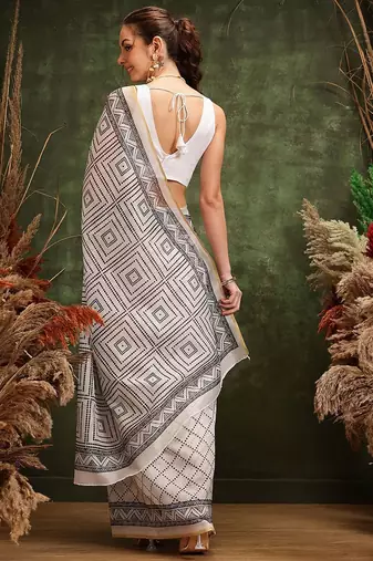 White printed cotton blend ethnic saree with blouse piece