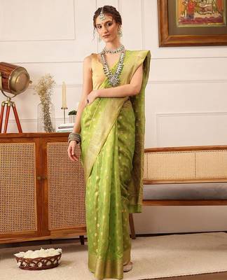 Green woven tissue party wear saree with blouse piece 2