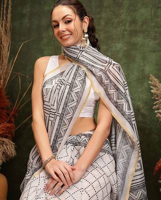 White printed cotton blend ethnic saree with blouse piece 4