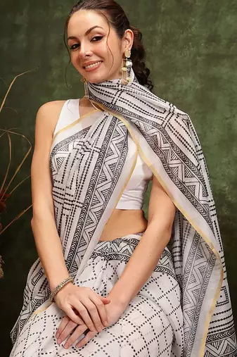 White printed cotton blend ethnic saree with blouse piece