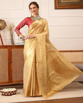 Beige woven tissue party wear saree with blouse piece 2