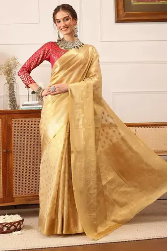 Beige woven tissue party wear saree with blouse piece