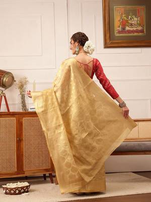Beige woven tissue party wear saree with blouse piece 3