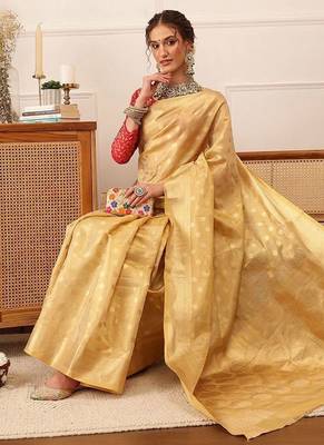 Beige woven tissue party wear saree with blouse piece 4