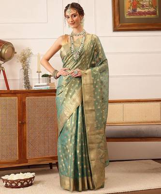 Teal woven tissue party wear saree with blouse piece 2