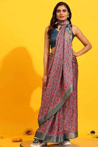 Pink printed art silk ethnic saree with blouse piece