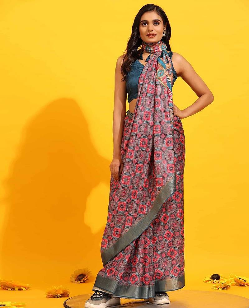Pink printed art silk ethnic saree with blouse piece