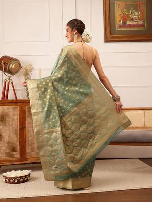 Teal woven tissue party wear saree with blouse piece 3