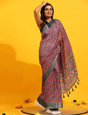 Pink printed art silk ethnic saree with blouse piece 2