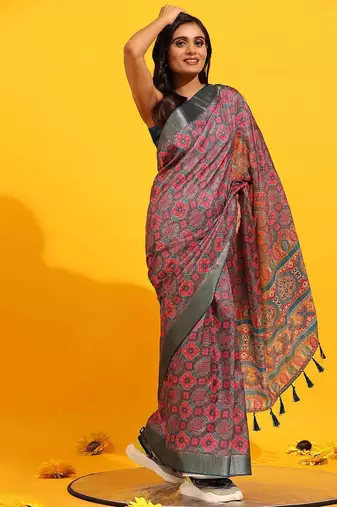 Pink printed art silk ethnic saree with blouse piece