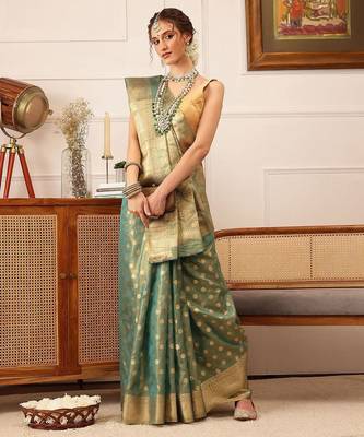 Teal woven tissue party wear saree with blouse piece 4