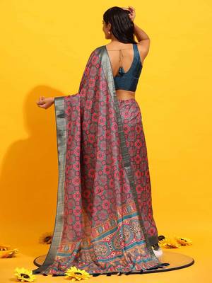 Pink printed art silk ethnic saree with blouse piece 3