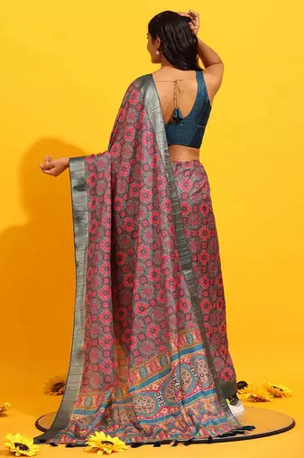 Pink printed art silk ethnic saree with blouse piece