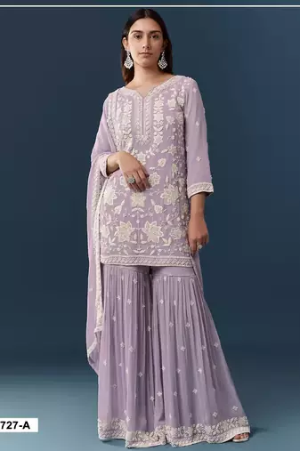 Lavender chiffon semi stitched suit with embroidery thread & khatli work