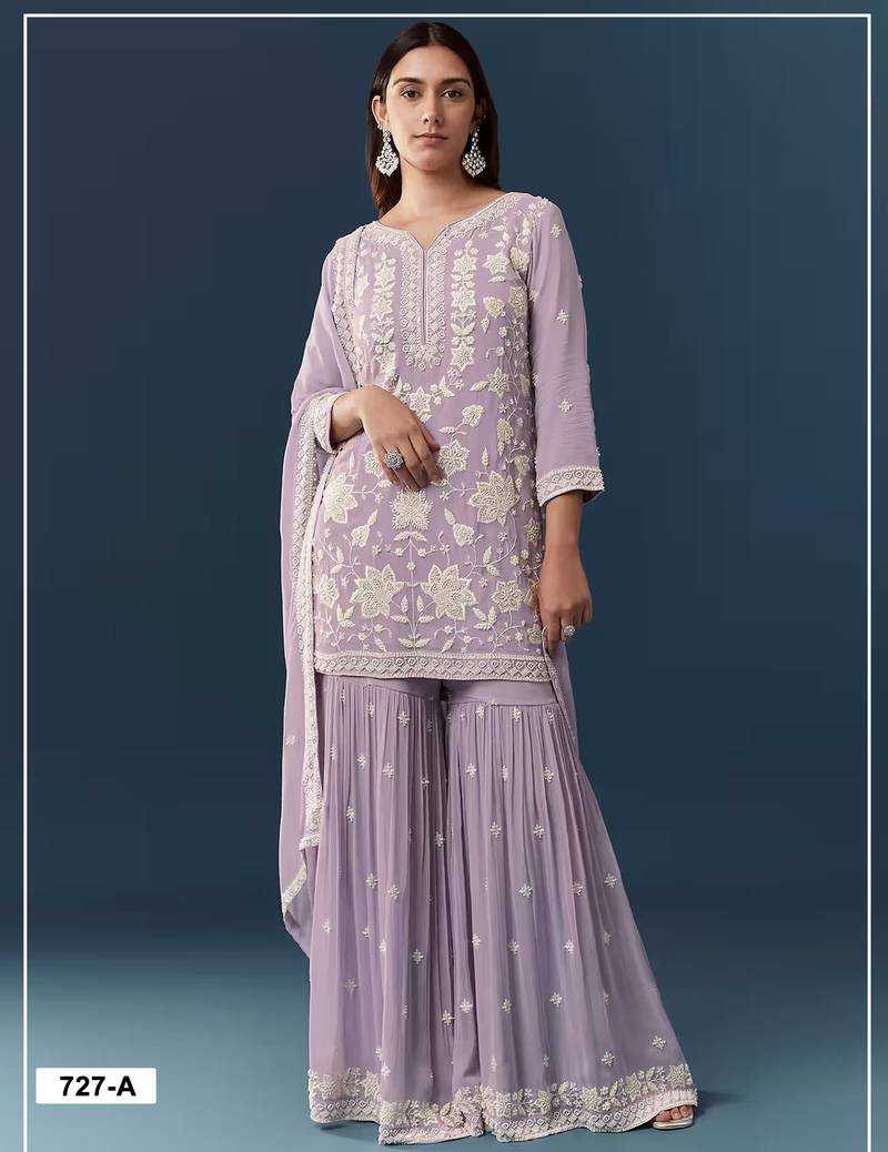 Lavender chiffon semi stitched suit with embroidery thread & khatli work