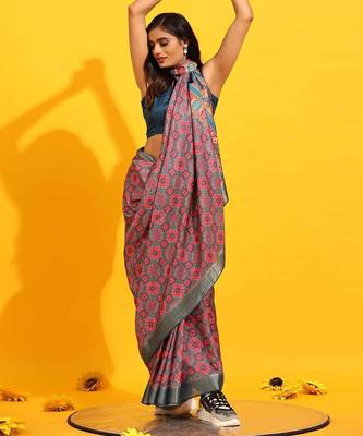 Pink printed art silk ethnic saree with blouse piece 4