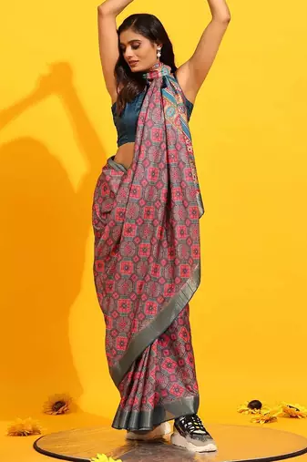 Pink printed art silk ethnic saree with blouse piece