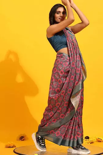 Pink printed art silk ethnic saree with blouse piece