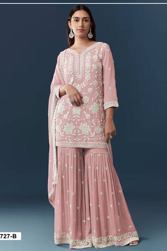 Peach chiffon semi stitched suit with embroidery thread & khatli work