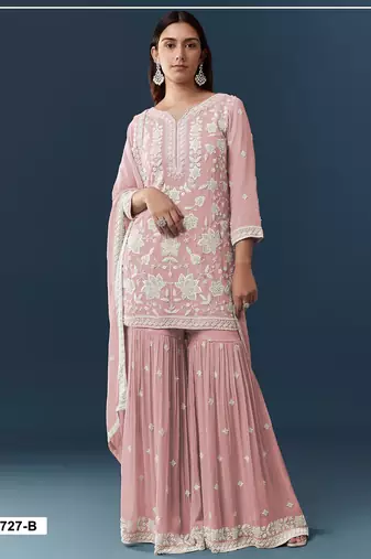 Peach chiffon semi stitched suit with embroidery thread & khatli work