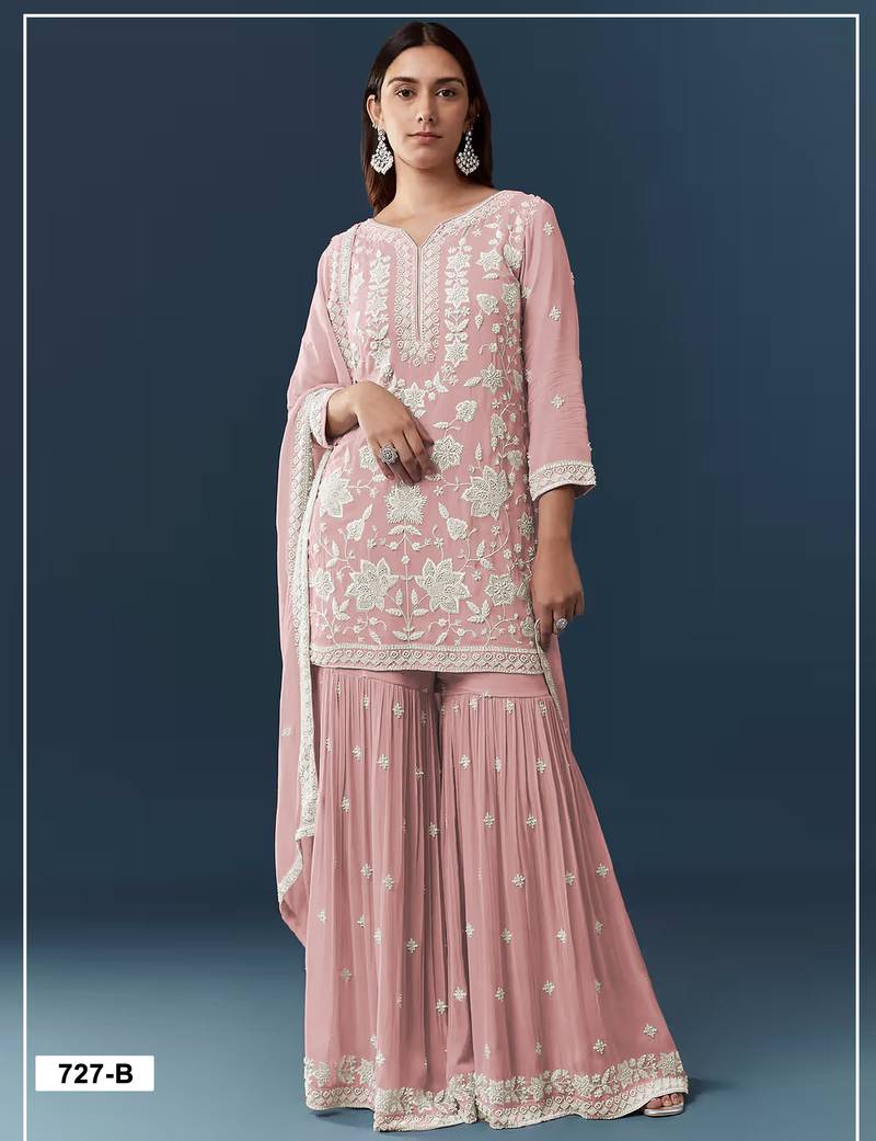 Peach chiffon semi stitched suit with embroidery thread & khatli work