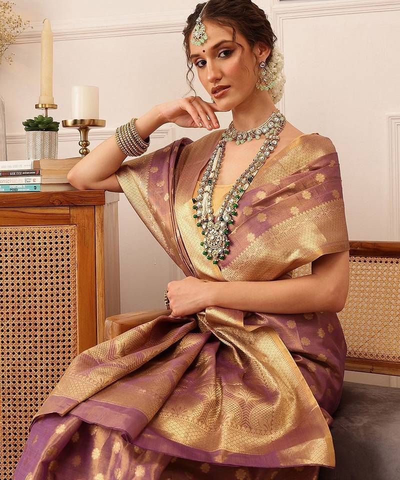 Purple woven tissue party wear saree with blouse piece