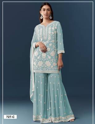 Blue chiffon semi stitched suit with embroidery thread & khatli work 1