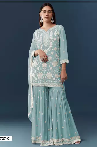 Blue chiffon semi stitched suit with embroidery thread & khatli work
