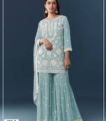 Blue chiffon semi stitched suit with embroidery thread & khatli work