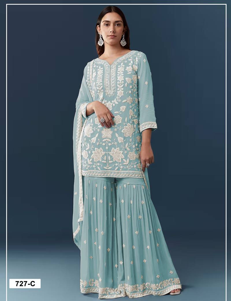 Blue chiffon semi stitched suit with embroidery thread & khatli work