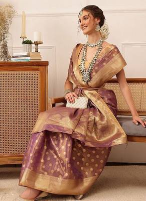 Purple woven tissue party wear saree with blouse piece 4