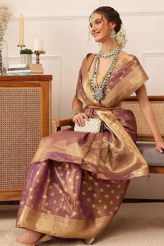 Purple woven tissue party wear saree with blouse piece