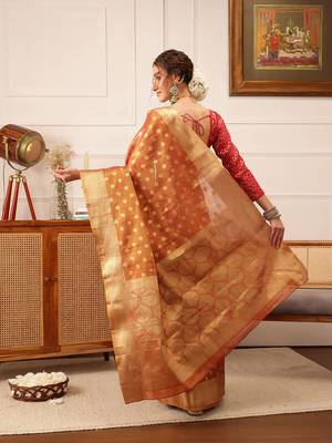 Peach woven tissue party wear saree with blouse piece 3