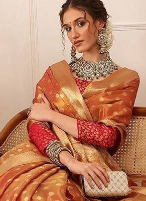 Peach woven tissue party wear saree with blouse piece 4
